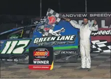  ?? RICH KEPNER - FOR MEDIANEWS GROUP ?? Kevin Hirthler celebrates after winning the modified feature at Grandview on Sept. 5.