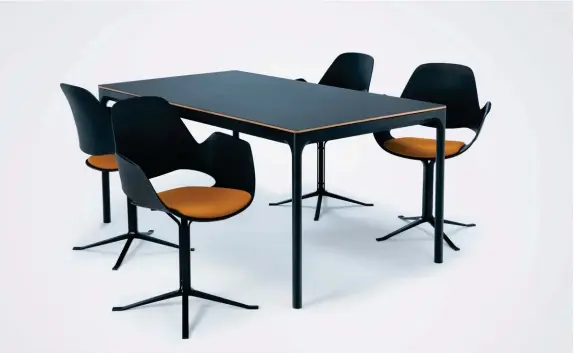  ??  ?? Above: The new Falk chair, designed by Thomas Pedersen and made with post-consumer plastic waste, and the Four table, designed by Henrik Pedersen with a slim extruded aluminium frame.