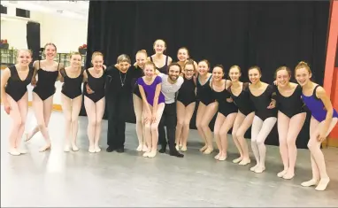  ?? Photo by Kim McAllister ?? Nutmeg Ballet’s associate director Joan Kunsch, fifth from left, stands with students of Ballet La Crosse (Wisconsin) during Kunsch’s recent audition tour to recruit dancers for Nutmeg.