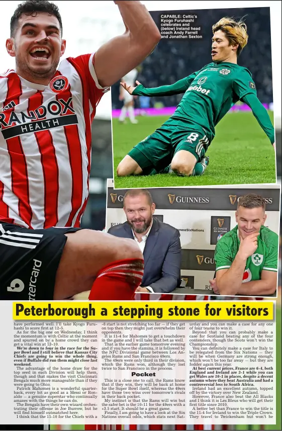  ?? ?? capable: Celtic’s Kyogo Furuhashi celebrates and ( below) Ireland head coach Andy Farrell and Jonathan Sexton