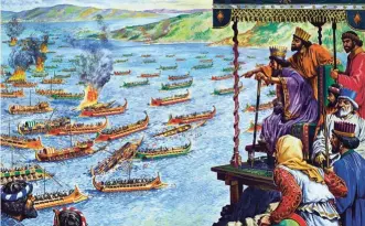  ?? ?? En esta ilustració­n, el rey Jerjes observa el desarrollo de la batalla de Salamina, en la que la ligereza de las trirremes griegas jugó un papel decisivo en su victoria.