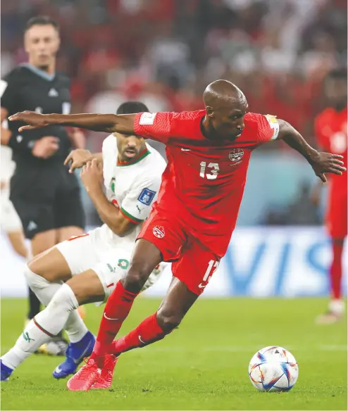  ?? CLIVE BRUNSKILL / GETTY IMAGES ?? Atiba Hutchinson of Canada controls the ball during the FIFA World Cup Qatar 2022 Group F match between Canada and Morocco at Al Thumama Stadium on Thursday.
