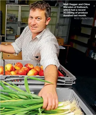  ?? ROSS GIBLIN/STUFF ?? Matt Dagger and Chloe Marsden of Kaibosch, which had a record 10,000kg of produce donated last month.