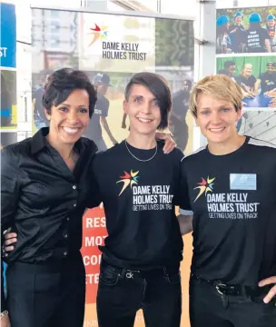  ??  ?? Dame Kelly Holmes, Jodie Coupland and Philippa Tuttiett at the Get on Track event at the Senedd in Cardiff Bay last week