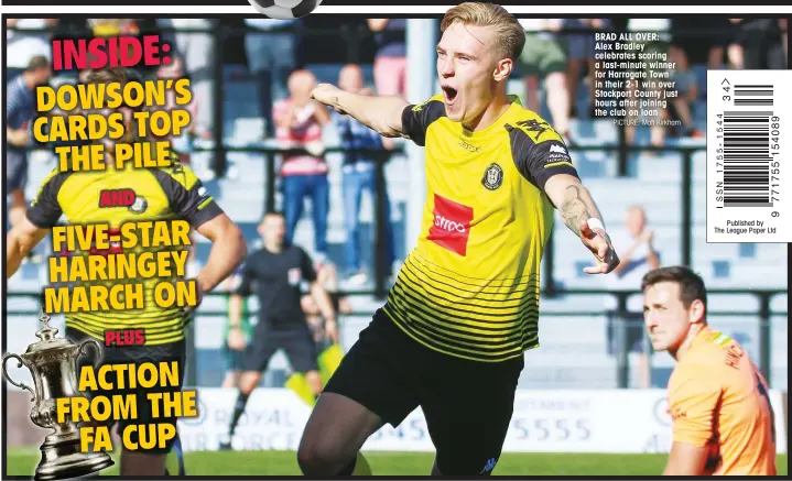  ?? PICTURE: Matt Kirkham ?? BRAD ALL OVER: Alex Bradley celebrates scoring a last-minute winner for Harrogate Town in their 2-1 win over Stockport County just hours after joining the club on loan