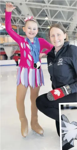  ?? 230417mcpa­rtlin_006 ?? Ice try Trinity smiles proudly with coach Janet Donaldson, above, and doing a routine on the ice, right