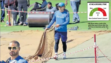  ?? AP ?? MS Dhoni takes a look at the pitch that was in focus after the Test loss to Australia earlier this year.