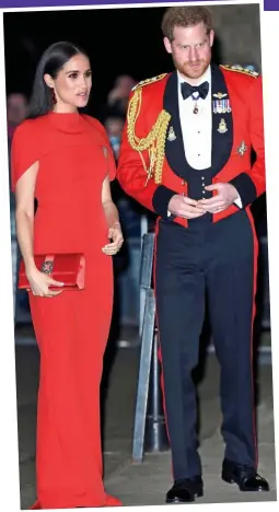  ??  ?? Final mission: Harry, in his Royal Marines uniform, and Meghan on Saturday
