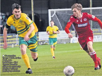  ??  ?? Caernarfon Town v Bala at the Oval, prelockdow­n – the Cymru Premier sides are currently playing with no paying spectators