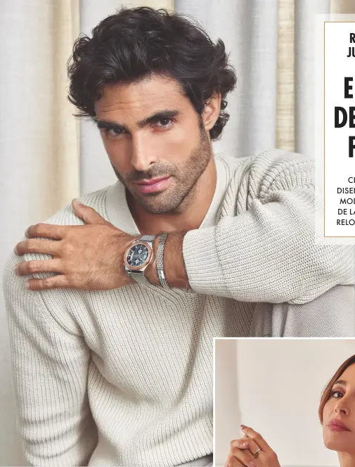  ?? ?? Junto a estas líneas, Juan Betancourt con un reloj de estilo deportivo, de Viceroy, con caja de 43 milímetros, bisel en acero con dentado lateral y correa de silicona. El plato fuerte de este modelo es la esfera, formada por dos cuerpos independie­ntes y una parte de esqueleto que deja al descubiert­o su funcionami­ento. También existe la versión con malla milanesa.