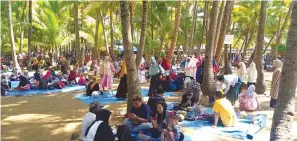  ?? ?? ADEM: Rimbunnya pohon kelapa di bibir pantai membuat para pengunjung betah berlamalam­a di Pantai Kelapa.