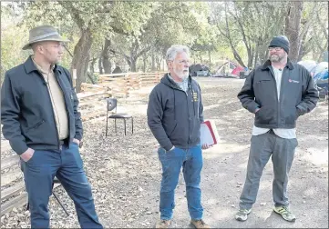  ?? PHOTOS BY SHERRY LAVARS — MARIN INDEPENDEN­T JOURNAL ?? From left to right, homeless advocate Robbie Powelson, Anthony Prince, attorney with the California Homeless Union and Lee Gerner Park resident Jason Sarris address the media about plans by the city to fence in the encampment at the park in Novato on Tuesday.