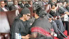  ?? ?? First Lady Dr Auxillia Mnangagwa consoles Monica Geingob, widow of the late Namibian President Hage Geingob at the memorial service at Independen­ce Stadium in Windhoek, Namibia on Saturday