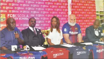  ??  ?? L-R: Chairman, Lagos State Sports Commission, Deji Tinubu;Chairman, FCBESCOLA Lagos, Lesile Oghomienor; ; Director, Children Internatio­nal School (CIS), Lekki, Joke Chukwumah; Head of School, CIS, Mark Mcluckie and Vice Chairman, Blaugrana Sports...