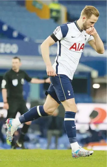  ?? Agence France-presse ?? Tottenham Hotspur’s Harry Kane celebrates after scoring his team’s second goal against Everton during their EPL match on Friday.