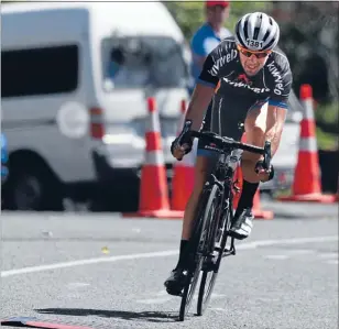  ??  ?? WEEKEND WARRIOR: Tokoroa’s Joshua Kuysten edged out Gordon McCauley in a sprint finish to the Taranaki Cycle Challenge at Pukekura Raceway.