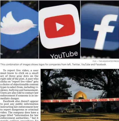  ?? FILE — THE ASSOCIATED PRESS ?? This combinatio­n of images shows logos for companies from left, Twitter, YouTube and Facebook.