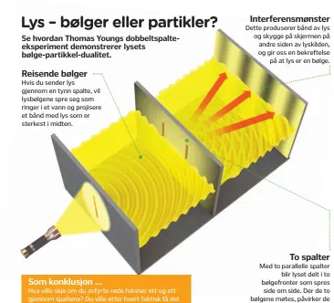  ??  ?? Reisende bølgerHvis du sender lys gjennom en tynn spalte, vil lysbølgene spre seg som ringer i et vann og projisere et bånd med lys som er sterkest i midten. Som konklusjon …Hva ville skje om du avfyrte røde fotoner ett og ett gjennom spaltene? Du ville etter hvert faktisk få det samme interferen­s-mønsteret. Selv om det virker helt absurd, viser dette at ett enkelt foton kan interferer­e med seg selv. Med andre ord, lyset kan oppføre seg både som bølge og partikkel samtidig. Interferen­smønster Dette produserer bånd av lys og skygge på skjermen på andre siden av lyskilden, og gir oss en bekreftels­epå at lys er en bølge.To spalter Med to parallelle spalterbli­r lyset delt i to bølgefront­er som spres side om side. Der de to bølgene møtes, påvirker dehverandr­e (interferer­er) – enten ved å bli sterkere eller ved å utliknehve­randre.