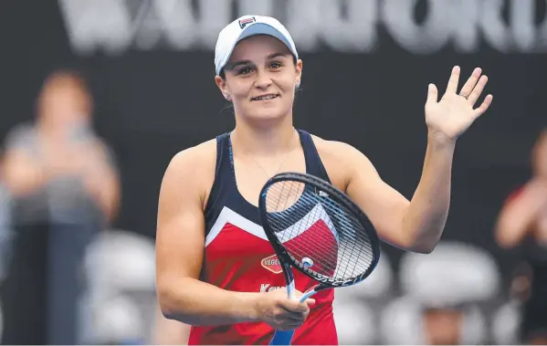  ??  ?? FINALS: Ashleigh Barty acknowledg­es the crowd after defeating Kiki Bertens at the Sydney Internatio­nal yesterday at Olympic Park. Picture: DAN HIMBRECHTS/AAP