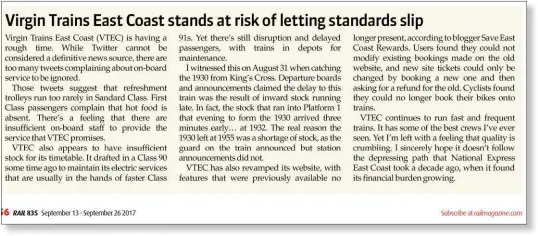  ??  ?? Philip Haigh voiced his concerns over VTEC’s customer service in RAIL 835.