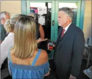  ?? GENE WALSH — DIGITAL FIRST MEDIA ?? North Wales incumbent Mayor Greg D’Angelo meets with residents during a meet-the-candidates night Wednesday at Tex-Mex Connection­s in North Wales.