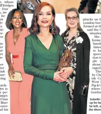  ??  ?? Isabelle Huppert, centre left, is up for best actress. Viola Davis, far left, and Meryl Streep, attend the Women in Film party