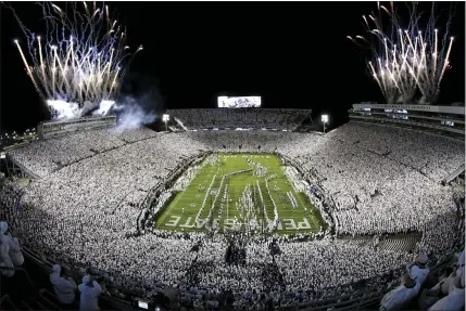  ?? GENE J. PUSKAR - ASSOCIATED PRESS FILE ?? Fireworks go off over Beaver Stadium as the Penn State football teams takes the field before a game against Michigan in State College, Pa., on Oct. 19, 2019. A full Beaver Stadium is expected tonight when Penn State hosts Auburn.