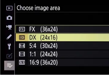  ?? ?? Image area options on the Nikon Z 7II include full-sensor FX, along with crops for DX, 5:4, 1:1 (square) and 16:9 (widescreen). Other cameras’ options vary.