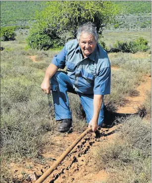  ?? Pictures: GUY ROGERS ?? RECEIVING END: Farmer Bulletjie Erasmus with one of the water pipes on his property that the Blaauwbosc­h elephant had started to dig up