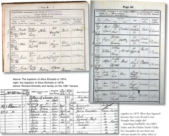  ??  ?? Above: The baptism of Alice Etchells in 1874; right: the baptism of Alice Etchells in 1879; below: Richard Etchells and family on the 1881 Census