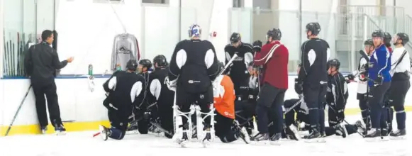  ??  ?? Coach Jared Bednar in October talks to players on the Lake Erie Monsters during practice at OBM Arena in Strongsvil­le, Ohio, in October.