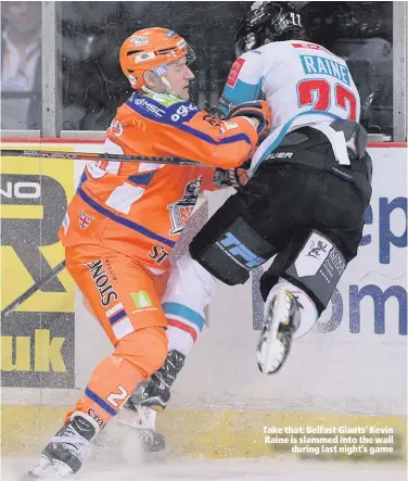  ??  ?? Take that: Belfast Giants’ Kevin Raine is slammed into the wall
during last night’s game