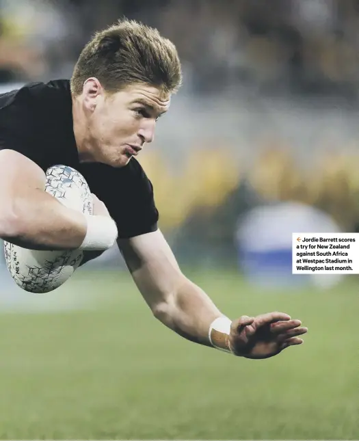  ??  ?? Jordie Barrett scores a try for New Zealand against South Africa at Westpac Stadium in Wellington last month.