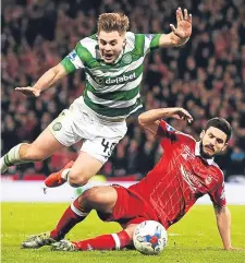  ??  ?? Anthony O’Connor brings down James Forrest in the box.