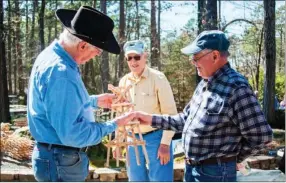  ?? JUDEA ROBINETT/CONTRIBUTI­NG PHOTOGRAPH­ER ?? From left, Lee Smith, Ted Elzerman and Bill Curry of the Hot Springs Village Woodworker­s discuss renovation­s to the Sugg Model Train Garden at Garvan Woodland Gardens in Hot Springs.
