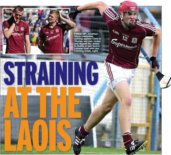  ??  ?? FIRED UP: Jonathan Glynn celebrates scoring against Clare in Thurles last July (main) and digests the defeat to Dublin in last term’s leinster final with Joe Canning (inset, right)