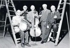  ??  ?? From left, Frank Warren, Leo Burns, Newell Sisson, Jimmy Garside and Len Pepper, members of the old Coventry Hippodrome Orchestra, in 1985