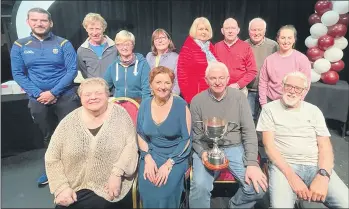  ?? ?? Palace Players cast and crew with adjudicato­r Irene McNamara after being declared winners of the Glenamaddy Festival on Saturday night. Seated l-r: Mary Colbert (best actress), Irene McNamara (adjudicato­r), Danny Buckley (best director) and Sean Ahern (best actor). Back l-r are crew members Bryan Flynn, Tomas Quirke, Eleanor Buckley, Juliette Brennan, Maureen Howard, Liam Howard, John Colbert and Aisling McGrath.
