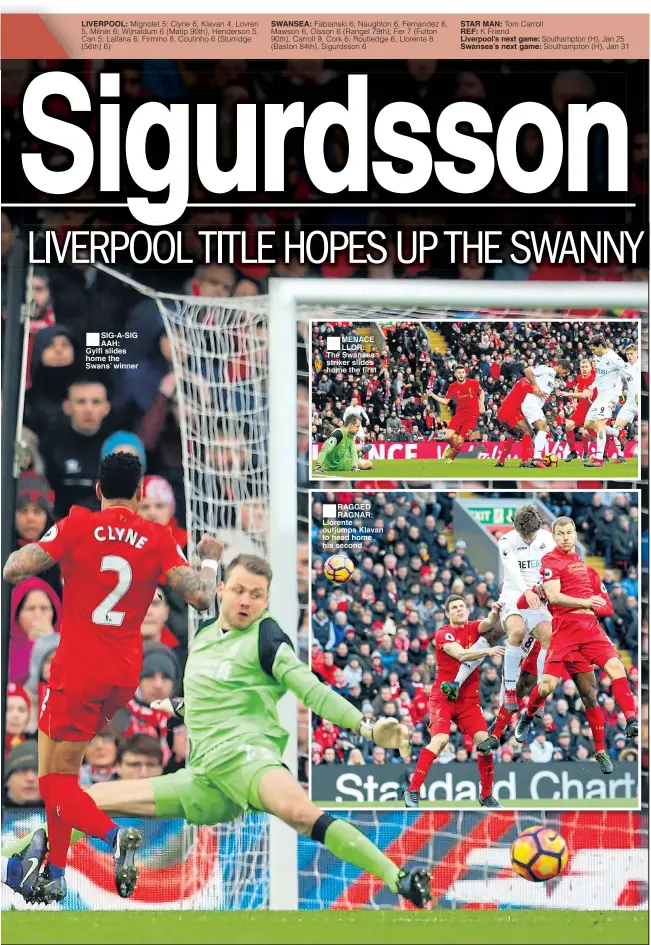  ??  ?? SIG-A-SIG AAH: Gylfi slides home the Swans’ winner MENACE LLOR: The Swansea striker slides home the first RAGGED RAGNAR: Llorente outjumps Klavan to head home his second STAR MAN: REF: Liverpool’s next game: Swansea’s next game: