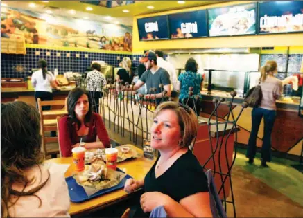  ??  ?? Pam Billingsle­y, Jessica Hacker and Rena Scoggins, from left, eat lunch Friday at Salsarita’s on Gunbarrel Road in Chattanoog­a. The Salsarita’s franchise has been sold and plans to grow into four other locations over the next three years.