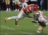  ?? SETH WENIG — ASSOCIATED PRESS FILE ?? San Francisco 49ers’ Emmanuel Sanders is tackled by Kansas City Chiefs’ Tyrann Mathieu in the second half of Super Bowl 54 in Miami Gardens, Fla., on Feb. 2, 2020.