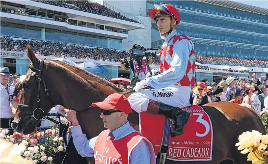  ??  ?? Gerald Mosse returns to scale aboard Red Cadeaux after they ran second in the 2013 Melbourne Cup. The French jockey will display his skills at Te Rapa today. Spell for Derby prospect Williams did not bet on winner