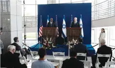  ?? (Tomer Neuberg/Flash90) ?? US SECRETARY of Defense Lloyd Austin (left) and Defense Minister Benny Gantz address the media at the Kirya military headquarte­rs in Tel Aviv yesterday.