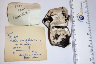  ??  ?? Below: Example of a flint nodule from Nethermill­s Farm with original labelling, from the Grieve Collection