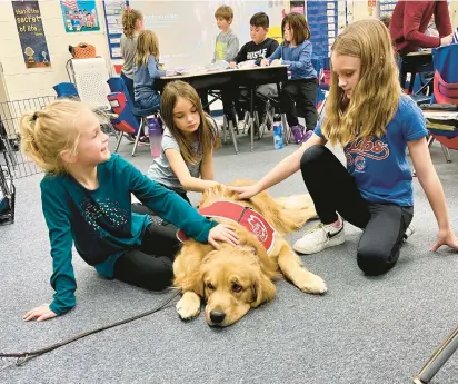  ?? SUMMIT HILL SCHOOL DISTRICT 161 PHOTOS ?? Davis, a new facility dog based at Frankfort Square School, hangs out with second graders who need a break from their schoolwork. Davis has become like a staff member, according to the school’s principal.