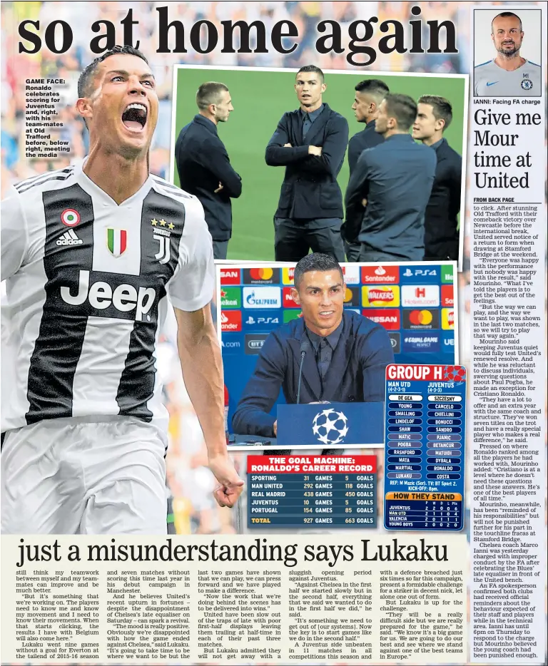  ?? Main picture: DANIELE BADOLATO ?? GAME FACE: Ronaldo celebrates scoring for Juventus and, right, with his team-mates at Old Trafford before, below right, meeting the media