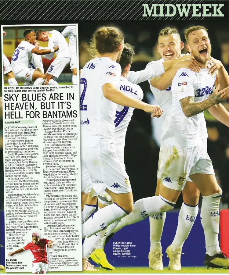  ?? PICTURES: PA Images ?? MR POPULAR: Coventry’s Conor Chaplin, centre, is mobbed by his team-mates after scoring against Bradford SO COOL: Charlton’s Lyle Taylor scores from the penalty spot ECSTATIC: Leeds United captain Liam Cooper, right, enjoys his goal against Ipswich