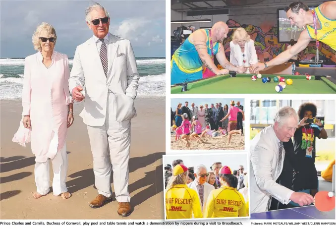  ?? Pictures: MARK METCALFE/WILLIAM WEST/GLENN HAMPSON/ ?? Prince Charles and Camilla, Duchess of Cornwall, play pool and table tennis and watch a demonstrat­ion by nippers during a visit to Broadbeach.