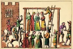  ?? ?? ABOVE LEFT: Execution by hanging of four witches, from Law and Custom of Scotland in Matters Criminal, by Sir George Mackenzie. , Edinburgh 1678.