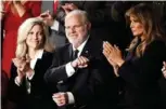  ?? PHOTO BY PATRICK SEMANSKY OF THE ASSOCIATED PRESS ?? Rush Limbaugh was awarded the Presidenti­al Medal of Freedom during President Donald Trump’s State of the Union address on Feb. 4. He reacts as First Lady Melania Trump, and his wife Kathryn, applaud, as the president delivers his address to a joint session of Congress.